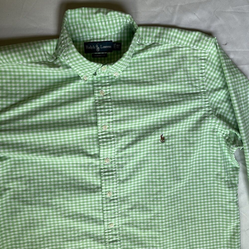 Ralph Lauren Shirt Mens XLT Tall Green Gingham Checker Long Sleeve Button Down